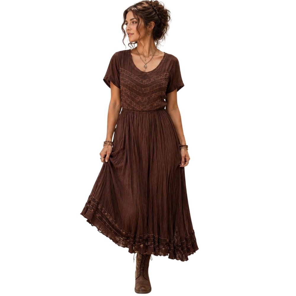Vtg M.P.H. Bohemian Festival Renaissance Fair Brown Embroidered Maxi Dress S